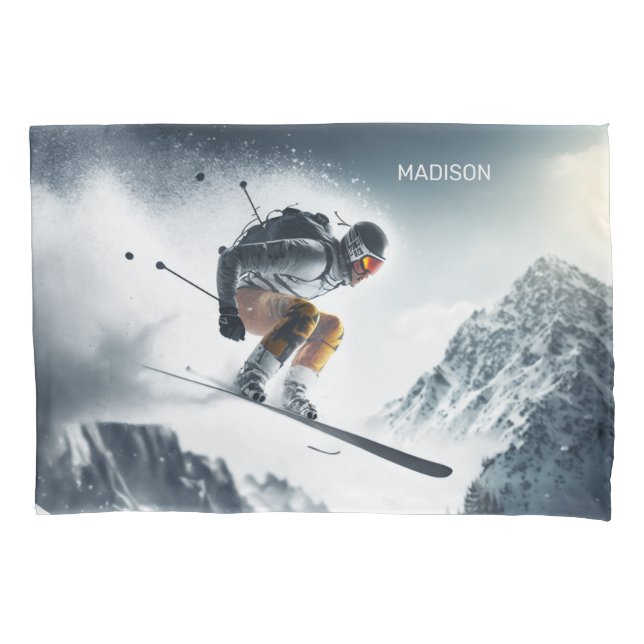 Custom Name Mountain Skier Pillow Case (Front)