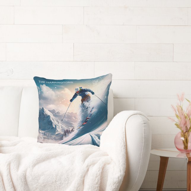 Custom Name Mountain Skier Throw Pillow (Couch)