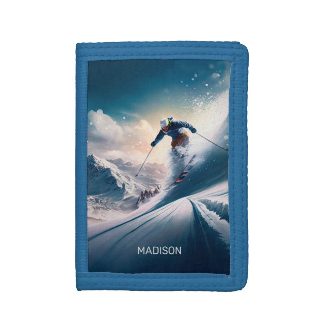 Custom Name Mountain Skier Trifold Wallet (Front Vertical)