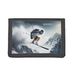 Custom Name Mountain Skier Trifold Wallet