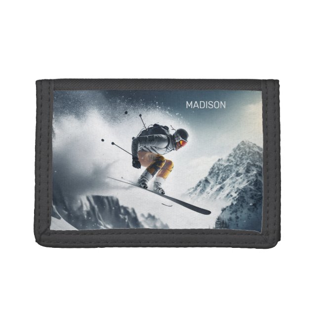 Custom Name Mountain Skier Trifold Wallet (Front)
