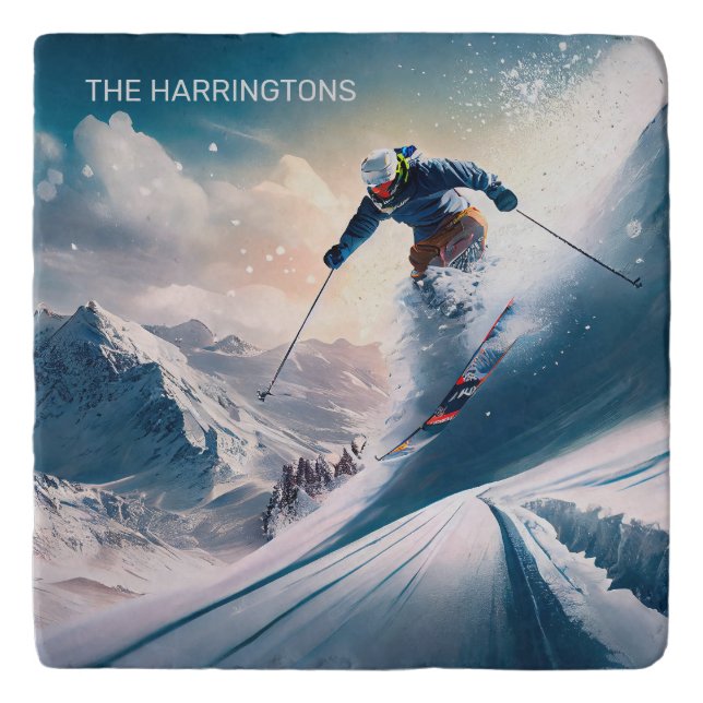Custom Name Mountain Skier Trivet (Front)
