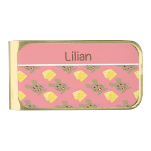 Custom name mouse and cheese pink pattern gold finish money clip