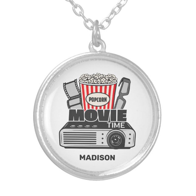 Custom Name Movie Time Silver Plated Necklace (Front)