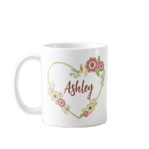 Custom Name Mug, Floral Heart Personalized