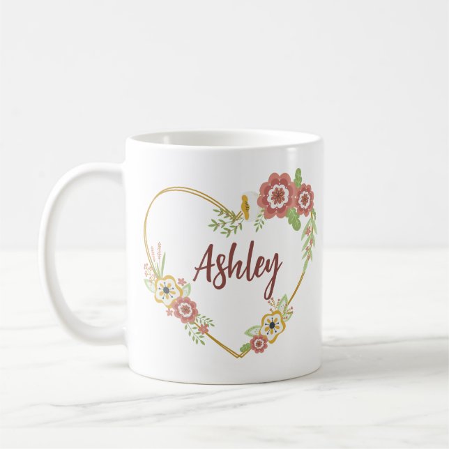 Custom Name Mug, Floral Heart Personalized Coffee Mug (Left)