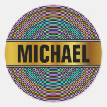 [ Thumbnail: Custom Name + Multicolored Circles/Rings Pattern Round Sticker ]