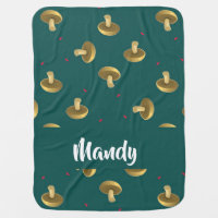 Custom name mushrooms on green baby blanket