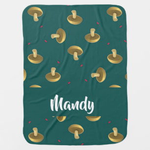 Custom name mushrooms on green baby blanket