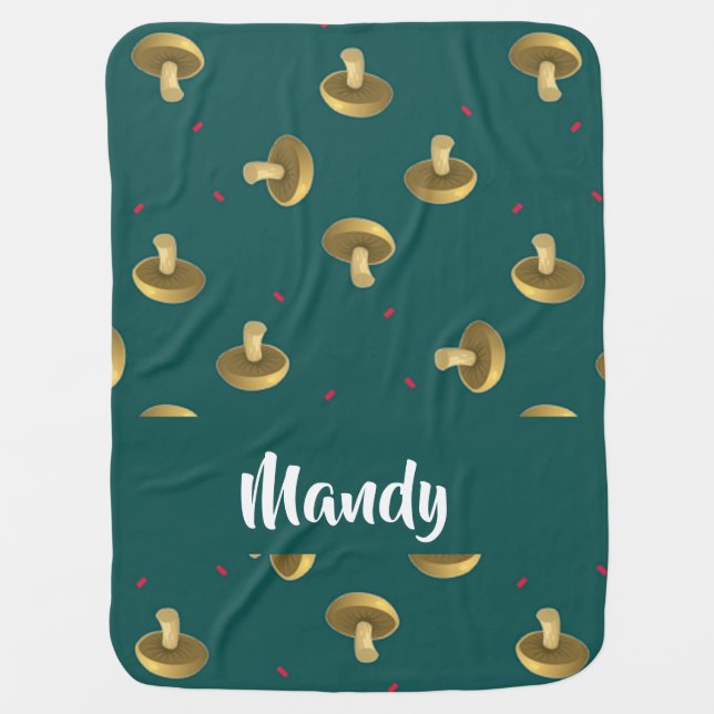 Custom name mushrooms on green baby blanket (Front)