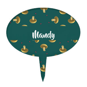 Custom name mushrooms on green cake topper