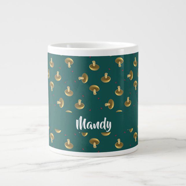 Custom name mushrooms on green giant coffee mug (Front)