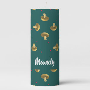 Custom name mushrooms on green pillar candle
