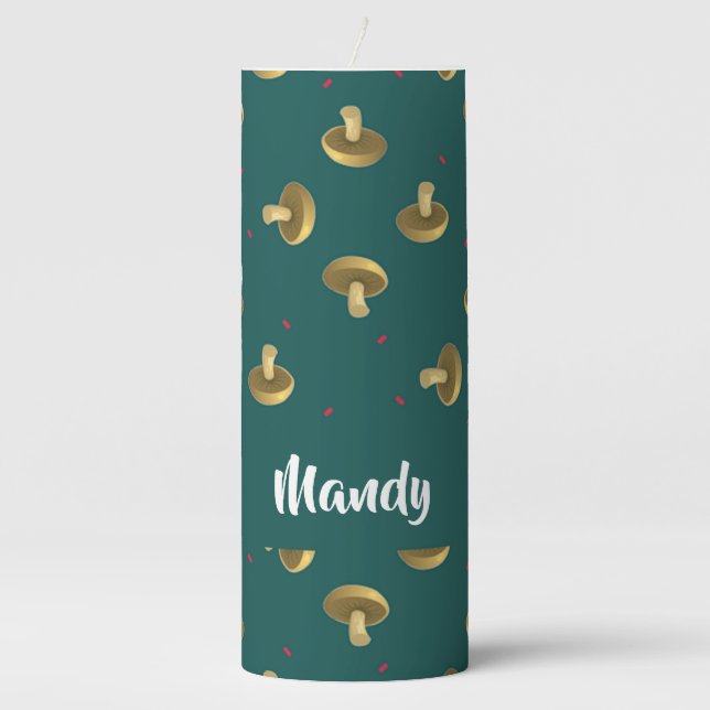 Custom name mushrooms on green pillar candle (Front)
