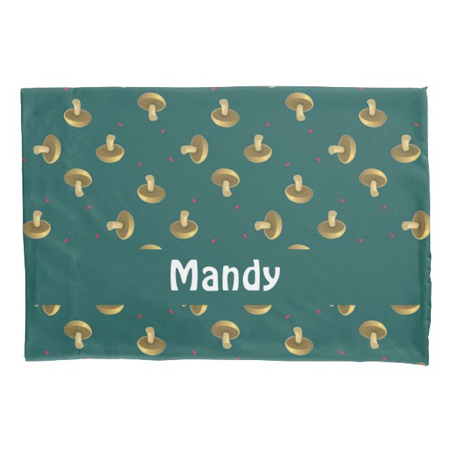 Custom name mushrooms on green pillow case (Front)