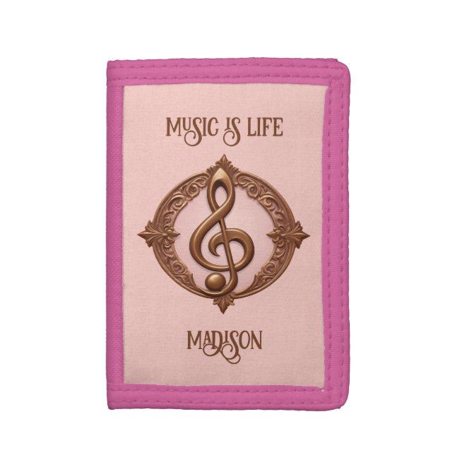 Custom Name Musical Clef Note Tri-fold Wallet (Front Vertical)