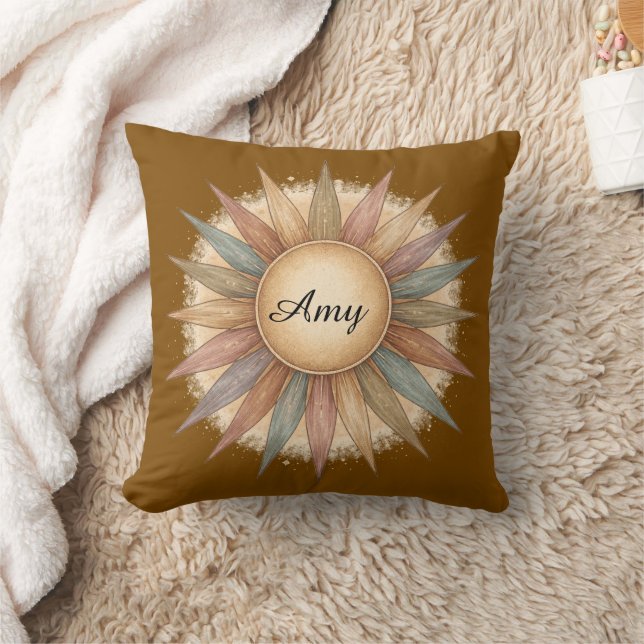 Custom Name Muted Sun Rays Throw Pillow (Blanket)