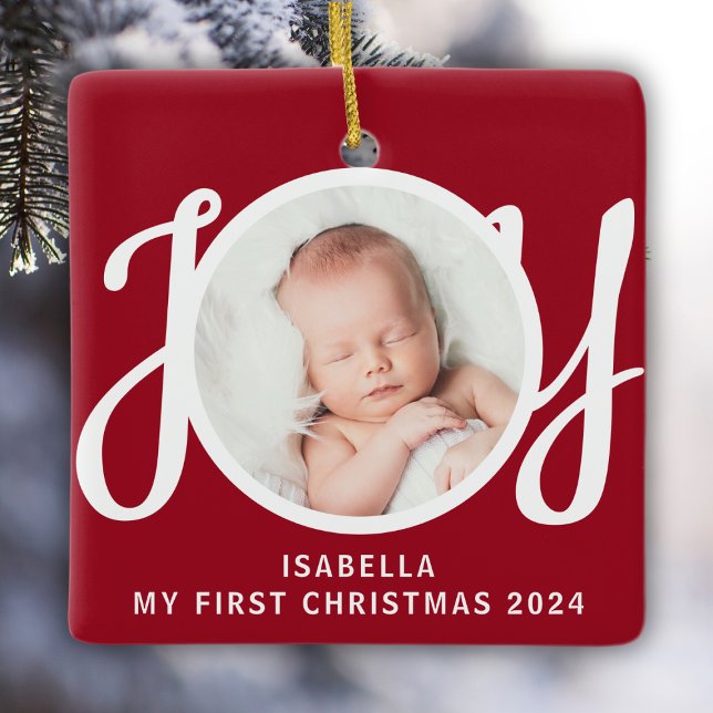 Custom Name My First Christmas Photo Red Keepsake  Ceramic Ornament (Creator Uploaded)