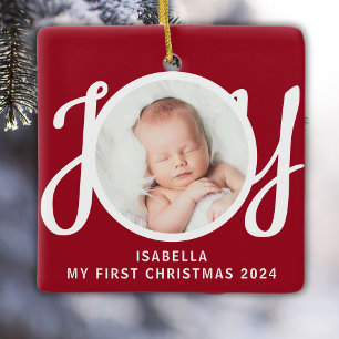 Custom Name My First Christmas Photo Red Keepsake Ceramic Ornament