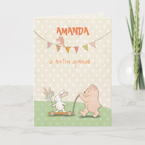 Custom Name Nanny Thanks Bear and Bunny Thank You Card