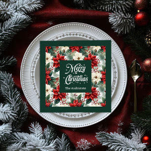 Custom Name Napkins Red Green Christmas Flowers