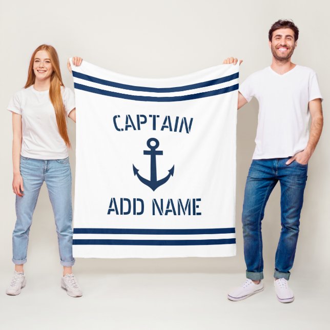 Custom name nautical anchor boat captain striped fleece blanket (In Situ)