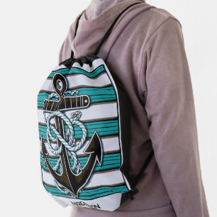Custom Name Nautical Anchor Drawstring Bag