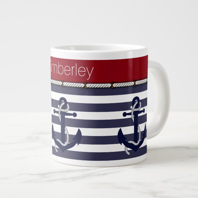 Custom Name Nautical Anchors Stripes Pattern Large Coffee Mug (Front Right)