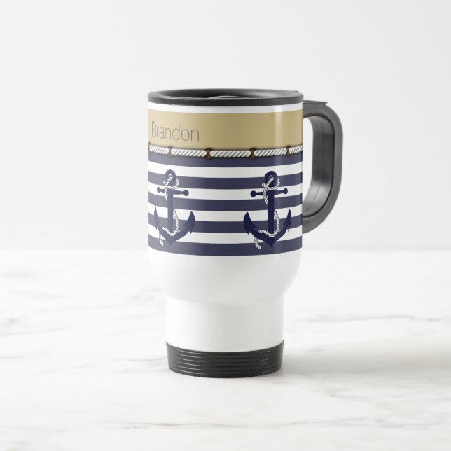 Custom Name Nautical Anchors Stripes Pattern Travel Mug (Front Right)