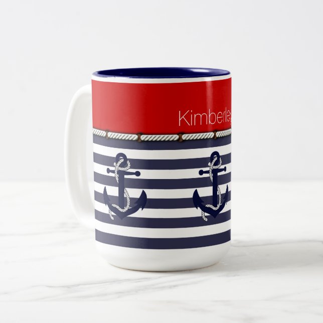 Custom Name Nautical Anchors Stripes Pattern Two-Tone Coffee Mug (Front Left)
