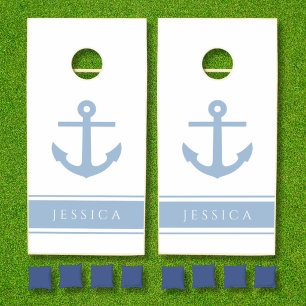 Custom Name Nautical Blue Anchor  Cornhole Set