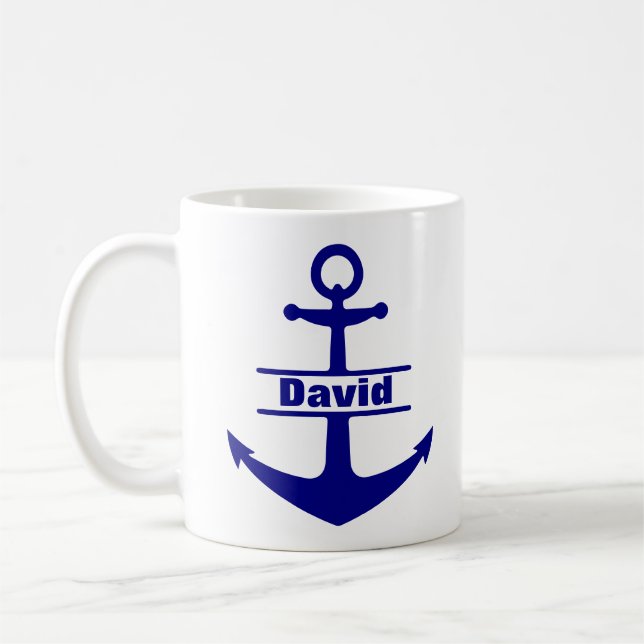 Custom Name Nautical Blue Anchor Mug (Left)