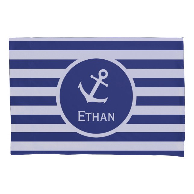 Custom Name Nautical Blue and White Striped Pillow Case (Front)