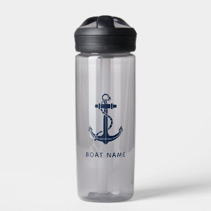 Custom Name Nautical Navy Blue Anchor Water Bottle