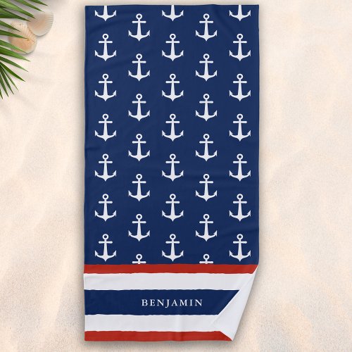 Custom Name Nautical Navy Blue White Anchor Beach Towel