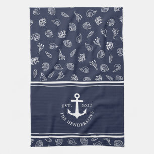 Custom Name Nautical Navy Blue White Anchor Kitchen Towel