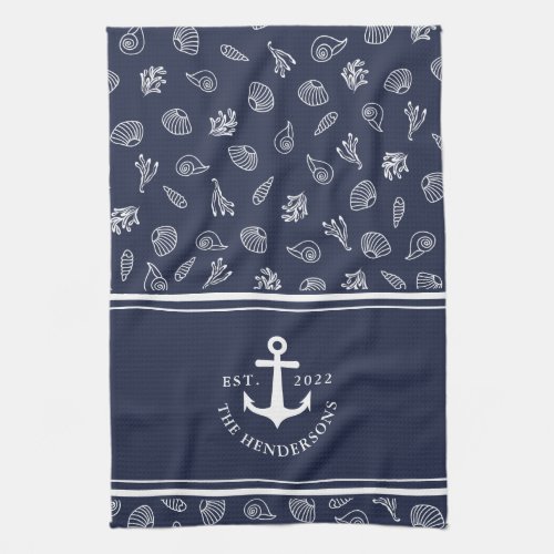 Custom Name Nautical Navy Blue White Anchor Kitchen Towel