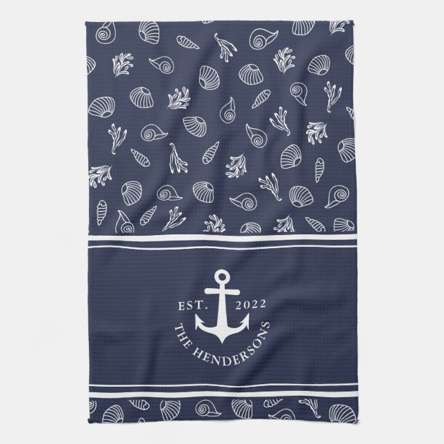 Custom Name Nautical Navy Blue White Anchor Kitchen Towel (Vertical)