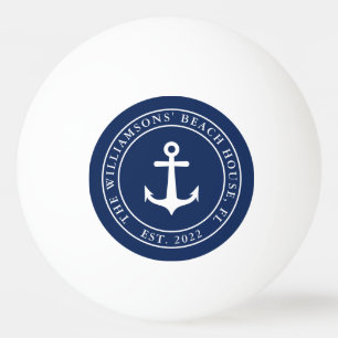 Custom Name Nautical Navy Blue White Anchor Ping Pong Ball