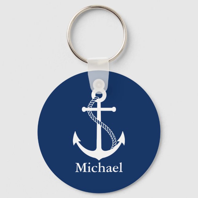Custom Name Nautical Navy Blue with White Anchor Keychain (Front)