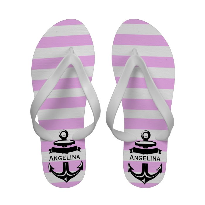 Custom Name Nautical Pink Stripes Flip Flops