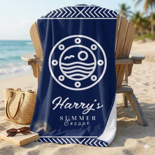 Custom Name Nautical Porthole Navy Blue Geometric Beach Towel