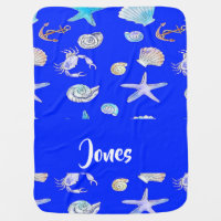 Custom name nautical print on blue baby blanket