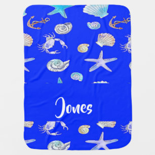 Custom name nautical print on blue baby blanket