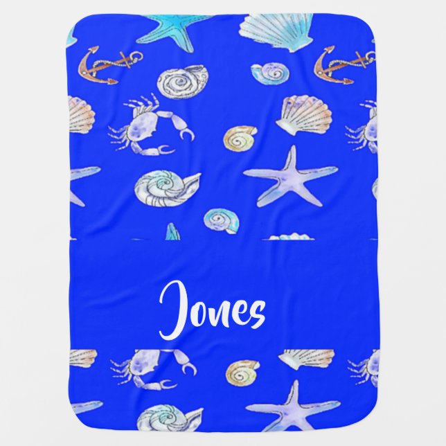 Custom name nautical print on blue baby blanket (Front)