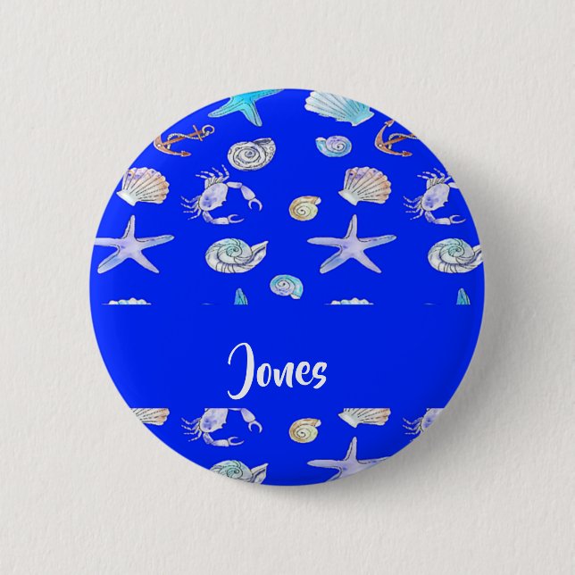 Custom name nautical print on blue button (Front)