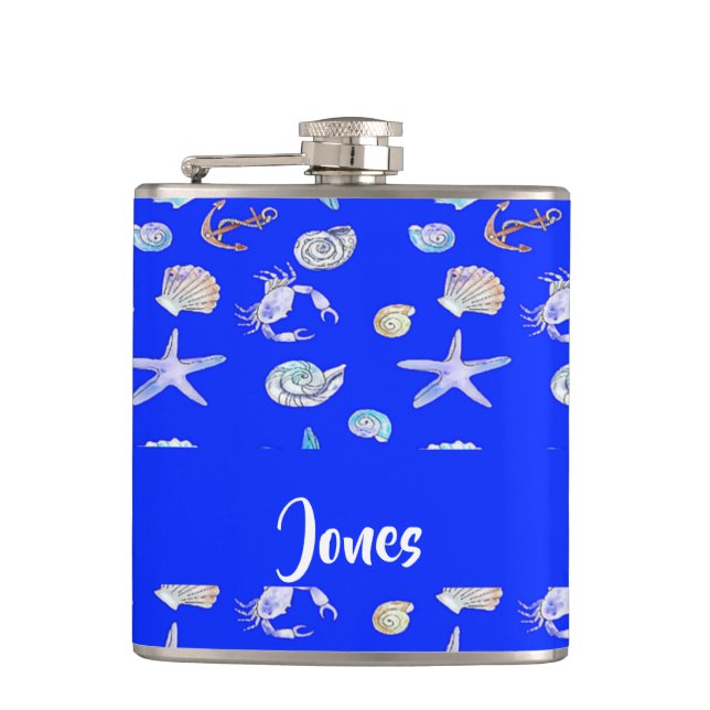 Custom name nautical print on blue flask (Front)