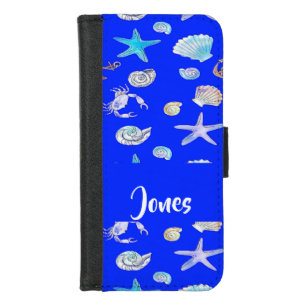 Custom name nautical print on blue iPhone 8/7 wallet case