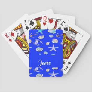 Custom name nautical print on blue poker cards