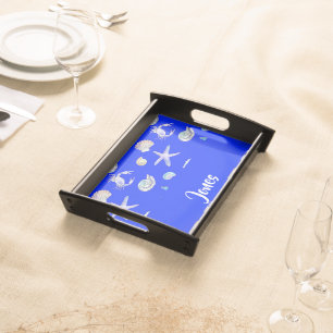 Custom name nautical print on blue serving tray